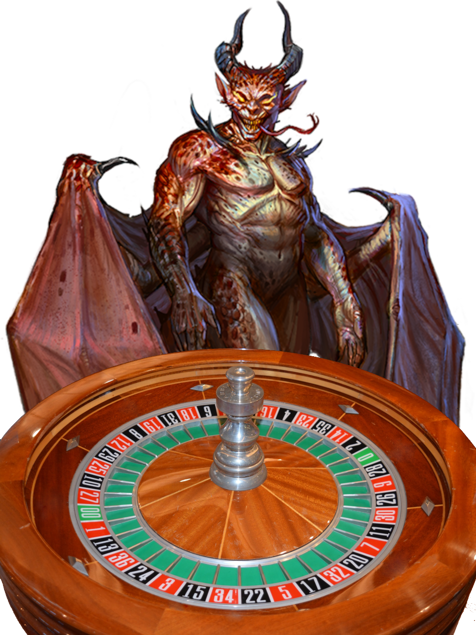 A Pit Fiend standing behind a roulette wheel