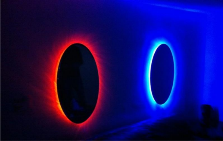 An image of two wormholes, with an orange one on the left and a blue one on the right